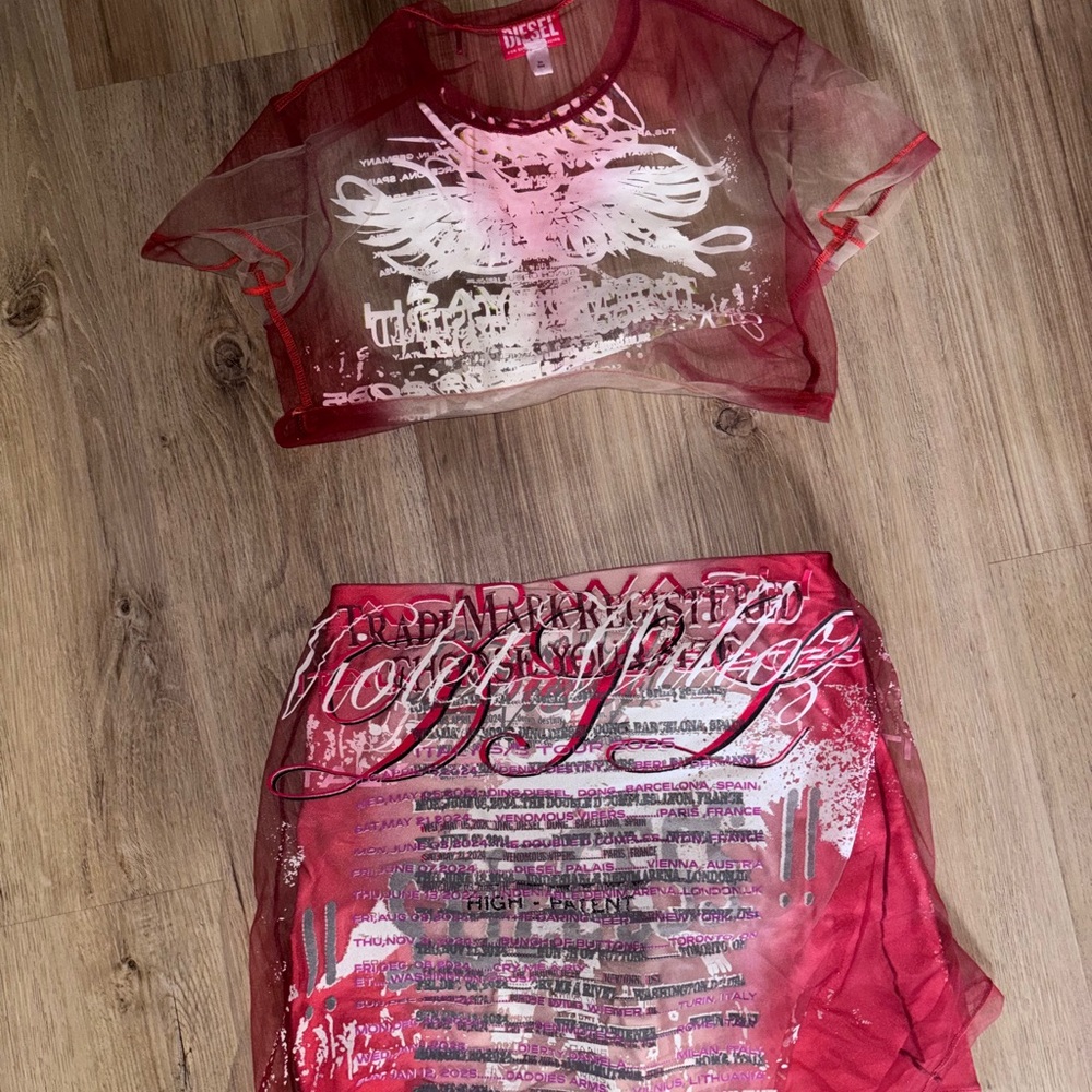 Diesel Red Sheer Skirt with Graphic Design
